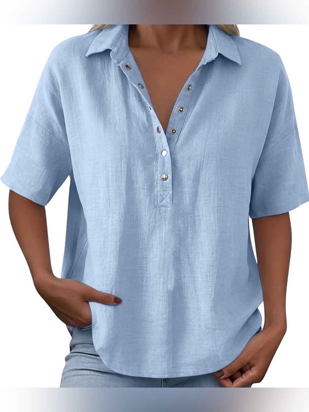 Relaxed Button-Front Top - Light Blue - Picture 2 of 5